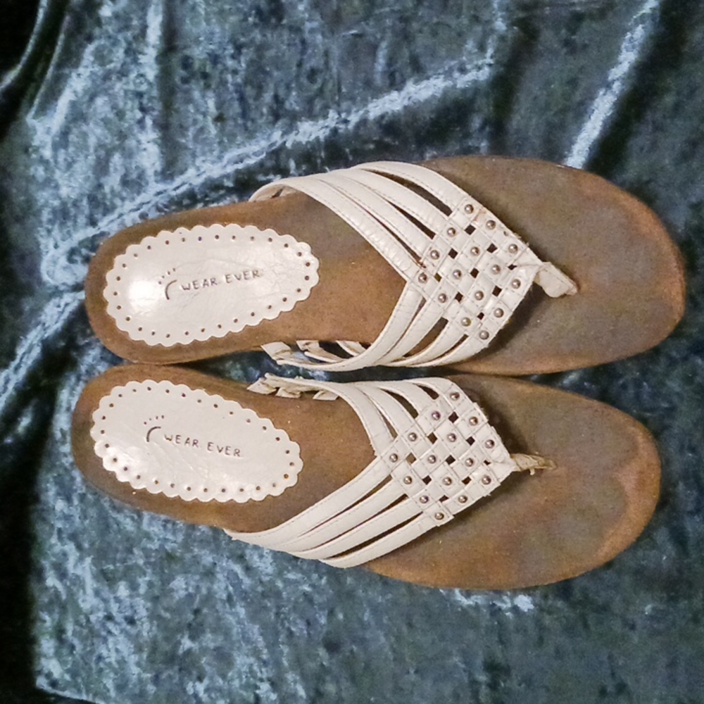 Wear.Ever. women's white, woven thongs, silver stud design, size 8.5M